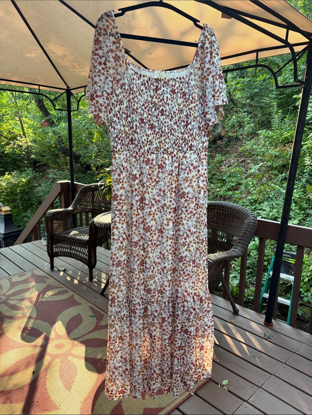 Ember Dress, XL maxi with smocked top, tiny floral and ruffle at bottom